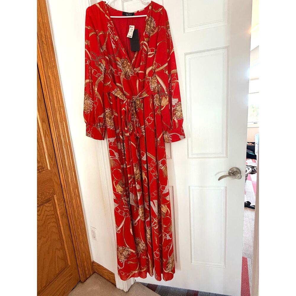 NWT AKIRA Label Red Vibrant Chain Print Long Sleeve Maxi Dress Front Tie Sz 2XL
